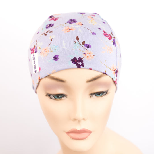 Lilac floral print chemo cap sleep hair loss hat